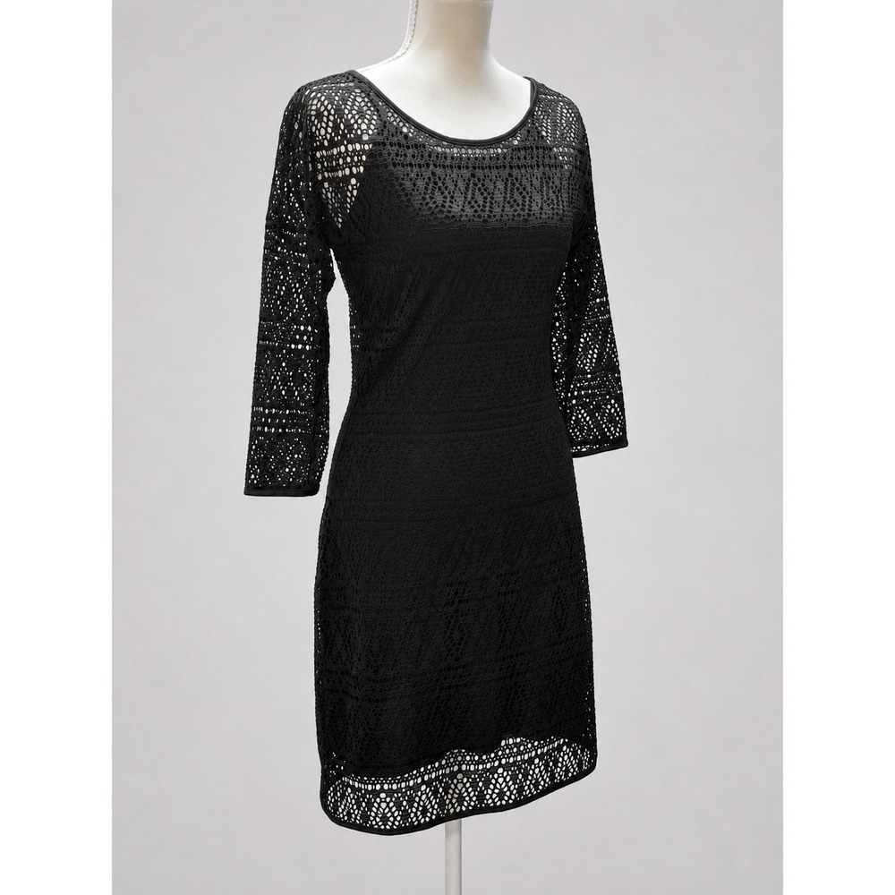 Black‎ Crochet Lace Sheath Dress Womens 3/4 Sleeve Open Knit Boho Express Size S